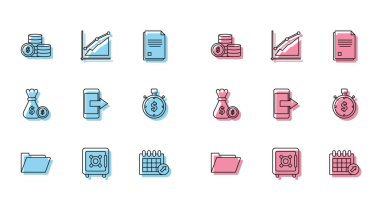 Dolar sembolü Takvim Akıllı Telefon Cep Telefonu Zaman Para çantası, para çantası ve para ve Pie grafiği bilgi simgesi içeren satır dizini güvenli sikke parasını ayarla. Vektör.