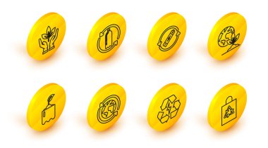 İçinde geri dönüşüm pil sembolü olan plastik torba ve geri dönüşüm şişesi Dünya bitkisi geri dönüşüm hattı plastiği ve çevre koruma ikonunun bitki eli. Vektör.