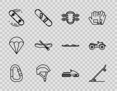 Hat çizgisi Carabiner Kaykay Dizlik Bisiklet Kask Numarası Rafting Teknesi Snowmobile ve Tüm Arazi Aracı ya da ATV motosiklet ikonu. Vektör.