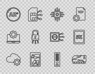 Satır Cloud teknoloji veri transferini ve depolama işlemcisi 3D yazıcı Ar artırılmış realite Lock 'u dijital devre kart oyun konsolu ve Tablet' e metin 5k simgesi ile ayarla. Vektör.