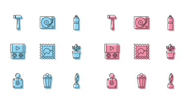Oyun makinesi Popcorn karton kutu Hammer Feather ve Inkwell Picture peyzajı Flowers pot Portable video oyun konsolu ve vinil disk simgesi olan vinil oynatıcı için Joystick 'i ayarlayın. Vektör.