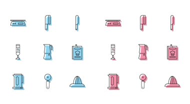 Kettle 'ı pizza bıçağı ile ayarla. Elektronik ölçekli Citrus meyve sıkacağı, Moka demlik karıştırıcı ve et doğrayıcı ikonu. Vektör.