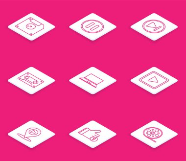 Bilgisayar veri depolama düğmesi için Satır Disketini ayarla Hızlı ileri Retro ses kaset dizüstü bilgisayarı kare dijital ortam ile oynat ve bir simge gibi El ile oynat. Vektör.