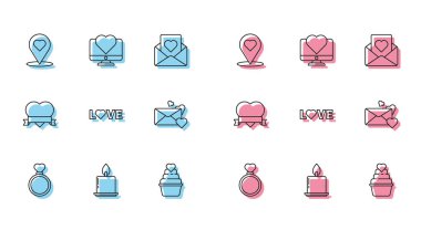 Satır çizgisi Alyans Yakan Mum Harita İşaretleyicisi, Sevgi Metni Zarfı Kalp kurdelesi ve Bilgisayar monitörü simgesi. Vektör.