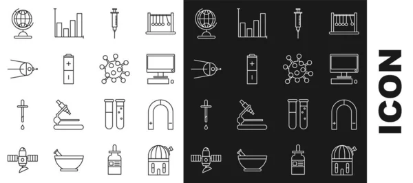 Установить Линию Астрономической Обсерватории Магнит Компьютерный Монитор Клавиатурой Мышь Шприц — стоковый вектор