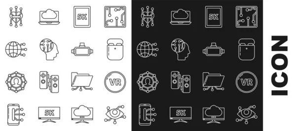 ラインを設定する仮想現実テキスト付きタブレット5K人間の脳をデジタル回路基板としてグローバル技術またはソーシャルネットワークプロセッサとガラスのアイコン ベクトル — ストックベクタ