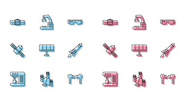 Kahve makinesi bilgisayar ağı Smartwatch Air kulaklıkları, güneş enerjisi paneli roket gemisi, ateş uydusu ve robot kol fabrikası ikonu. Vektör.