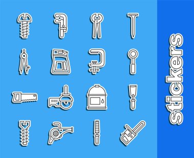 Hat testereli testere bıçağı anahtarlık kıskaç ve pense çimento torbası pusula metal vida ve klemp alet simgesi çiziyor. Vektör.