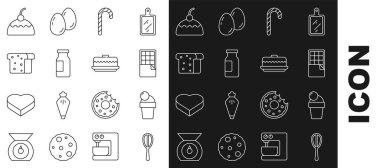 Çizgiyi aşma, çikolatalı dondurma çırpma, Noel şekeri şişesi, sütlü tost, kek ve ikon. Vektör.