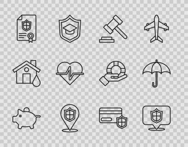 Piggy Bank lokasyon kalkanı Yargıç Gavin 'in Hayat Sigortası Kredi kartı ve Şemsiye ikonu. Vektör.