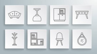 Sıraya dizilin Lamba rafında kitap asılı Ayna Ayna Gardırop Ofisi masası ve kanepe ikonu var. Vektör.