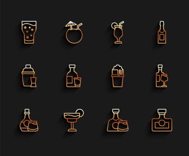 Viski şişesi ve bir bardak kokteyl bardağı alkollü rom şişesi votka, şarap ve ikon. Vektör.