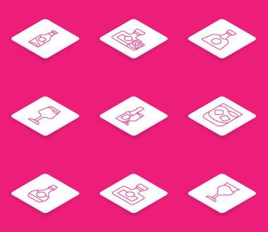 Bira şişesi viski ve bir bardak tekila şampanya viski şişesi konyak ya da brendi ve alkollü içki ikonu. Vektör.