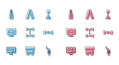 Otomobil sigortası anahtarının, uzaktan susturucu Chassis servisi ve batarya şarj güç kablosu ikonu ile bağlantısını kurun. Vektör.