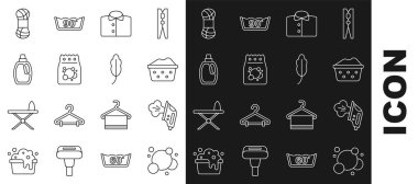 Sabun köpüğü sabun köpüğü elektrikli demir leğeni sabun köpüğü tişört deterjan şişesiyle temizleyici iplik ve tüy ikonu için ayarla. Vektör.