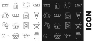 Pencere için çamaşır makinesi ve ütü masası temizleyicisi. Sabun köpüğü, sabun köpüğü. Sıcak havza, gömlek ve çamaşır deterjanı ikonu. Vektör.