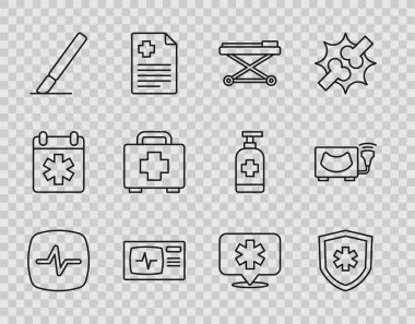 Kalp atış hızı yaşam sigortası sedyesi monitörünü kardiyogram cerrahi neşter ilk yardım çantası konumu hastanesi ve ultrason ikonu ile ayarla. Vektör.