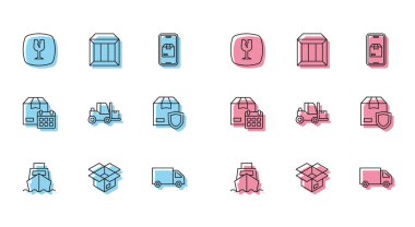 Kargo gemisini, kırık cam kutuları açan kargo kamyonu forklift güvenlik kalkanı karton takvimi ve karton simge dağıtan kutularla ayarla. Vektör.