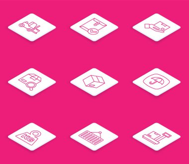 Forklift kamyon zarfı ayarlayın ve kutucuk arama paketi karton şemsiye ağırlığı ve taşıyıcı vinç simgesi ile teslimat elini işaretleyin. Vektör.