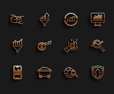 Hat Mobil 'i grafik kömür madeni tramvayı çizelgesi ile ayarla. Infographic Arama veri analizi Finansal büyüme doları ve simgesi. Vektör.