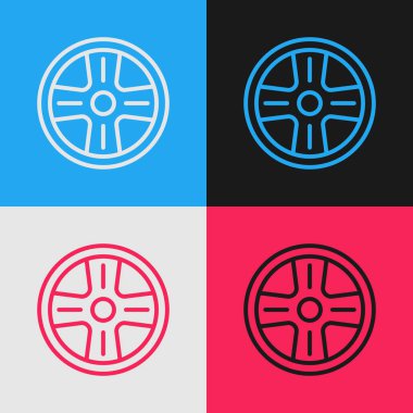 Renkli arka planda izole edilmiş bir araba simgesi için Pop Art Line Alloy Wheel. Vektör.