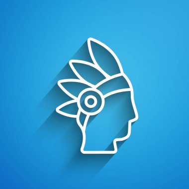 Beyaz çizgi Amerikan yerlisi ikonu mavi arka planda izole edildi. Uzun gölge. Vektör.