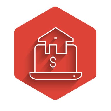 Tarayıcı simgesindeki beyaz çizgi Online emlak evi uzun gölge arkaplanlı izole edilmiş. Ev kredisi konsepti, kira, satın alma, mülk alma. Kırmızı altıgen düğmesi. Vektör.