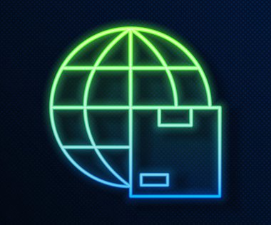 Parlayan neon hattı dünya çapında nakliye ve karton kutu simgesi mavi arkaplanda izole edildi. Vektör.