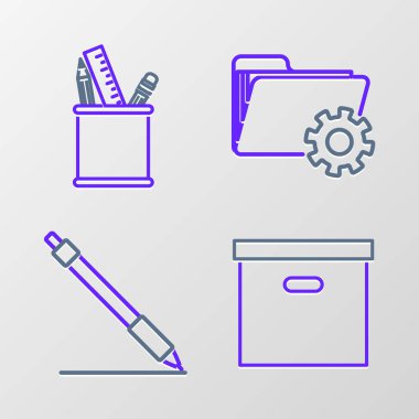 Karton karton kutu kalem satırı dizin ayarlarını vites ve kalem kutusu kırtasiye simgesiyle ayarla. Vektör.