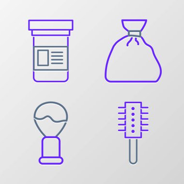 Saç fırçası, tıraş poşeti ve ilaç şişesi ikonu. Vektör.