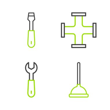 Çizgi Rubber piston anahtarı anahtar endüstrisi metalik boru ve tornavida simgesini ayarla. Vektör.