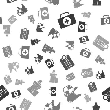 İlk yardım çantasını, diş koruyucusunu, takma diş modelini ve ağız gargarasını pürüzsüz desene ayarlayın. Vektör.