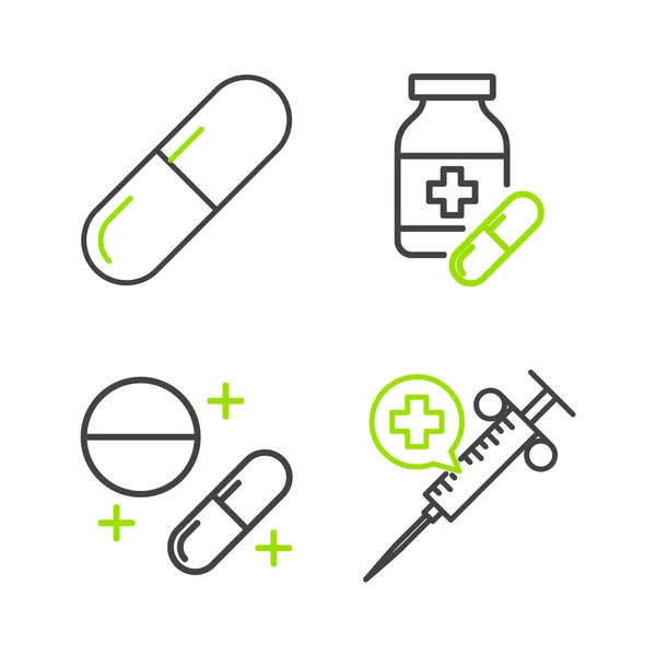 Ρυθμίστε Γραμμή Ιατρική Σύριγγα Βελόνα Φάρμακο Χάπι Δισκίο Μπουκάλι Και — Διανυσματικό Αρχείο