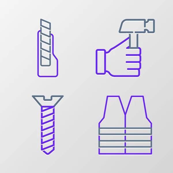 Set Line Safety Vest Metallic Screw Hammer Stationery Knife Icon — Stock Vector