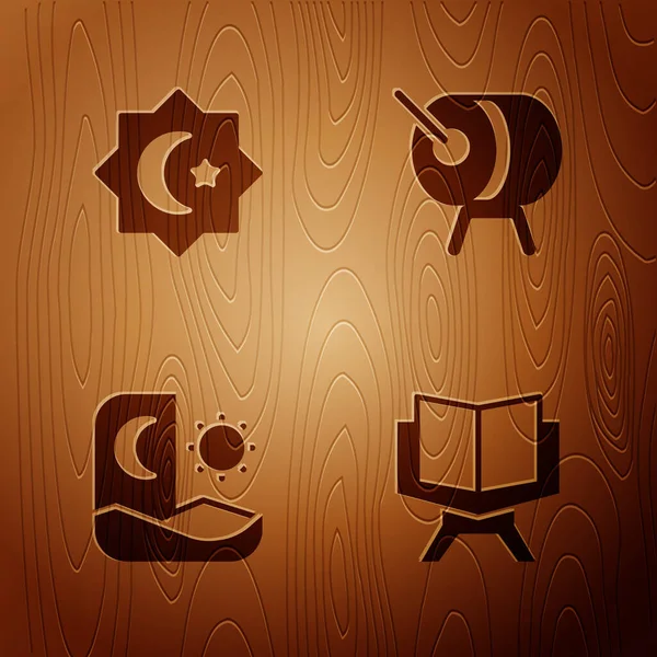 Nastavit Svatá Kniha Koránu Osmiúhelníková Hvězda Ramadán Půst Buben Dřevěném — Stockový vektor