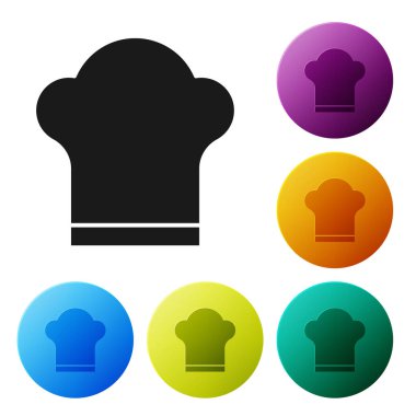 Siyah aşçı şapkası simgesi beyaz arkaplanda izole edildi. Aşçılık sembolü. Aşçı şapkası. Simgeleri renk daire düğmelerine ayarla. Vektör.