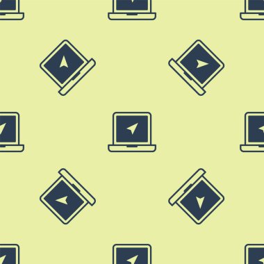 Konum belirleyici simgeye sahip mavi dizüstü bilgisayar sarı arkaplanda izole edilmiş kusursuz desen. Vektör.