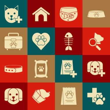 Veterinerlik kliniği sembolünü balık kalbi hayvan ayak izi ilk yardım çantası ve balık iskeleti ikonu ile akvaryuma yerleştir. Vektör.