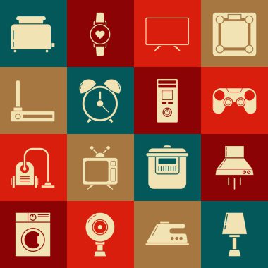 Masa lambası mutfak sökücü fan Gamepad akıllı TV alarm yönlendirici ve kablosuz ağ sinyali tost makinesini tost ve uzaktan kumanda simgesi ile ayarla. Vektör.
