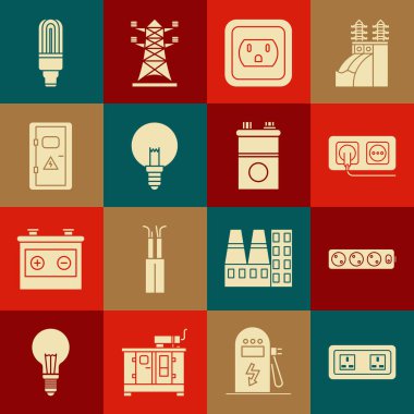 ABD ampul dolabındaki elektrik prizi uzatma kablosunu LED lambası ve araba akü ikonuna ayarla. Vektör.