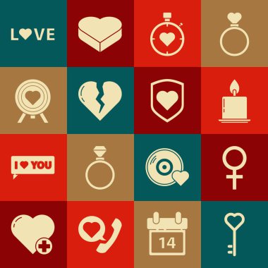 Anahtar 'ı kalp şeklinde ayarla Kadın cinsiyet sembolü yanan mum kalp merkezi kronometre kırık ya da dartların boşanması hedef aşk metni ve kalkan simgesi. Vektör.