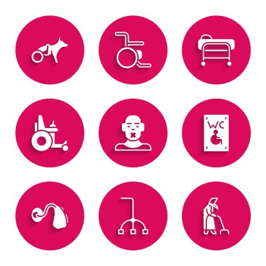 Set Head of deaf and dumb Walking stick cane Grandmother Separated toilet for disabled Hearing aid Electric wheelchair Stretcher and Dog icon. Vector.