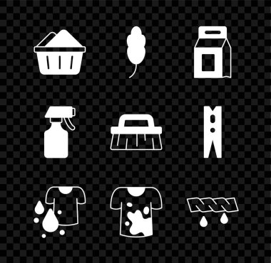 Sabun köpüklü havza, tüy deterjanı, kirli deterjan dar tişört, sıkan giysiler, temizleme ikonu için sprey ve fırça getirin. Vektör.