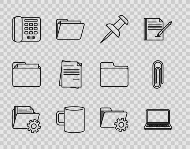 Dizin ayarlarını Laptop Push pin kahve fincanı düz telefon dosyası ve ataç simgesi ile ayarla. Vektör.