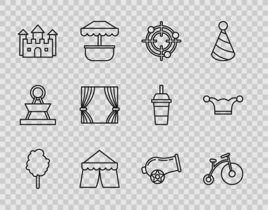 Sıralı Cotton Candy Vintage bisiklet, tek tekerli küçük bir hedef sporu Sirk Çadırı Kalesi Perde Topu ve Jester şapka ikonu. Vektör.