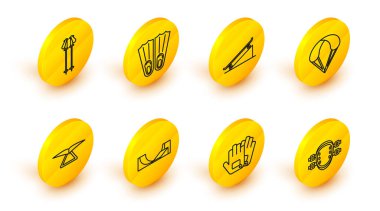 Diz kapakları, Eldiven Parkı, planör, paraşüt kaykayı, sokak rampası, lastik yüzgeçler ve kayak direkleri ikonu. Vektör.