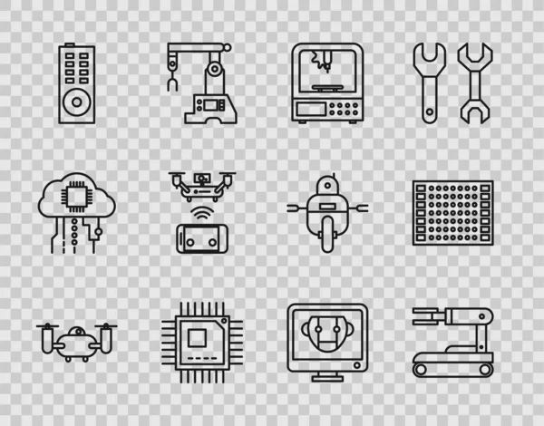 Set Line Drone Flying Action Camera Robot Printer Processor Microcircuits — Stock Vector