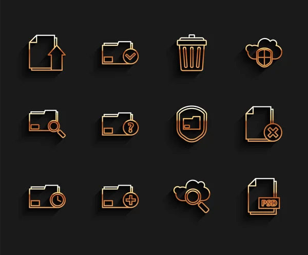 行のドキュメントフォルダをクロックで設定する新しいアップロードファイルドキュメントを追加するクラウドコンピューティングPsd Unknown削除および保護アイコンを検索します ベクトル — ストックベクタ