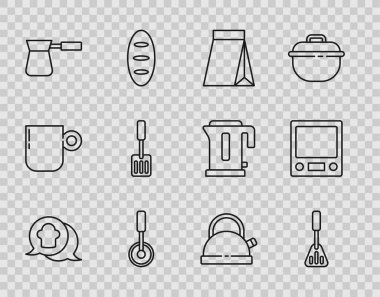 Chef şapkası konuşma balonunda Spatula Torbası kahve çekirdekli pizza bıçağı saplı Türk çaydanlığı ve elektronik ölçekli ikon. Vektör.