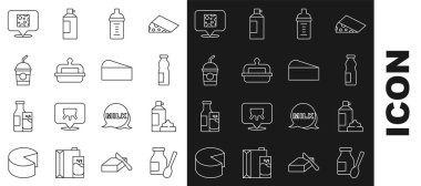 Şişede yoğurt içmek krem şantili bebek sütlü tereyağlı Milkshake peyniri ve ikon. Vektör.